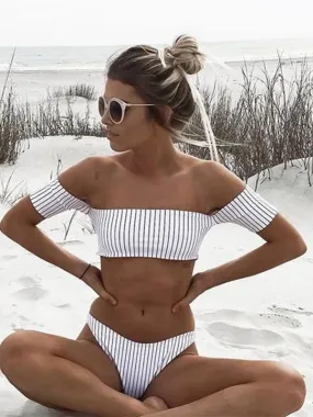 So Cool Off The Shoulder Striped Bikini Set