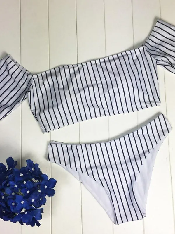 So Cool Off The Shoulder Striped Bikini Set