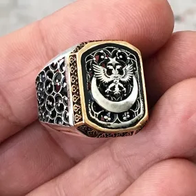 Sterling Silver Men's Turkish Biker Signet Ring Crescent Star Double Headed Eagle