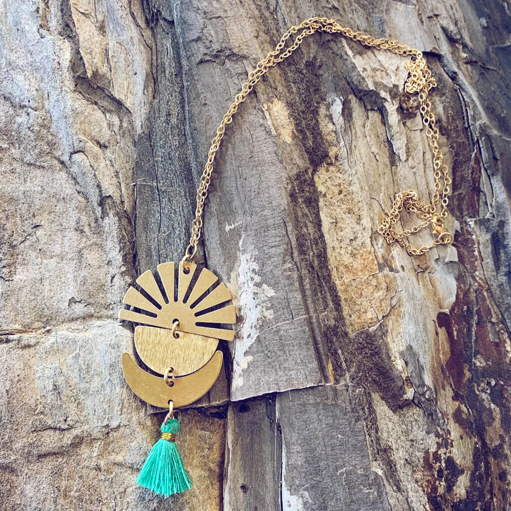 sun up sun down // crescent moon, sun rays & tassel drop necklace