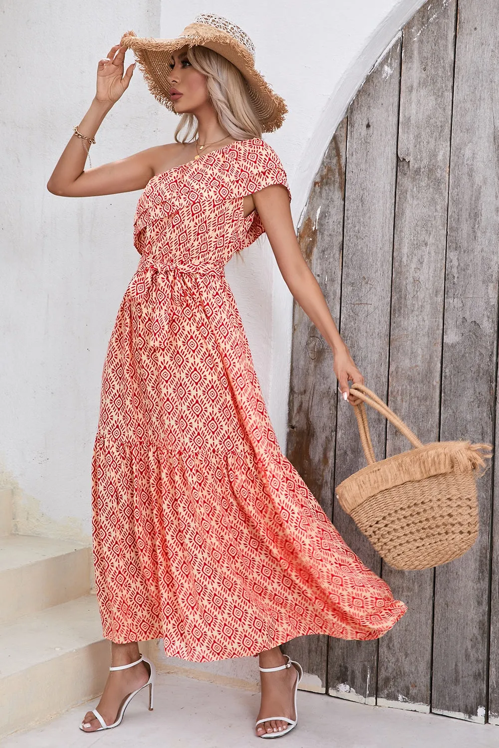 Sunset and Swim  Slit Printed Single Shoulder Tie Waist Dress