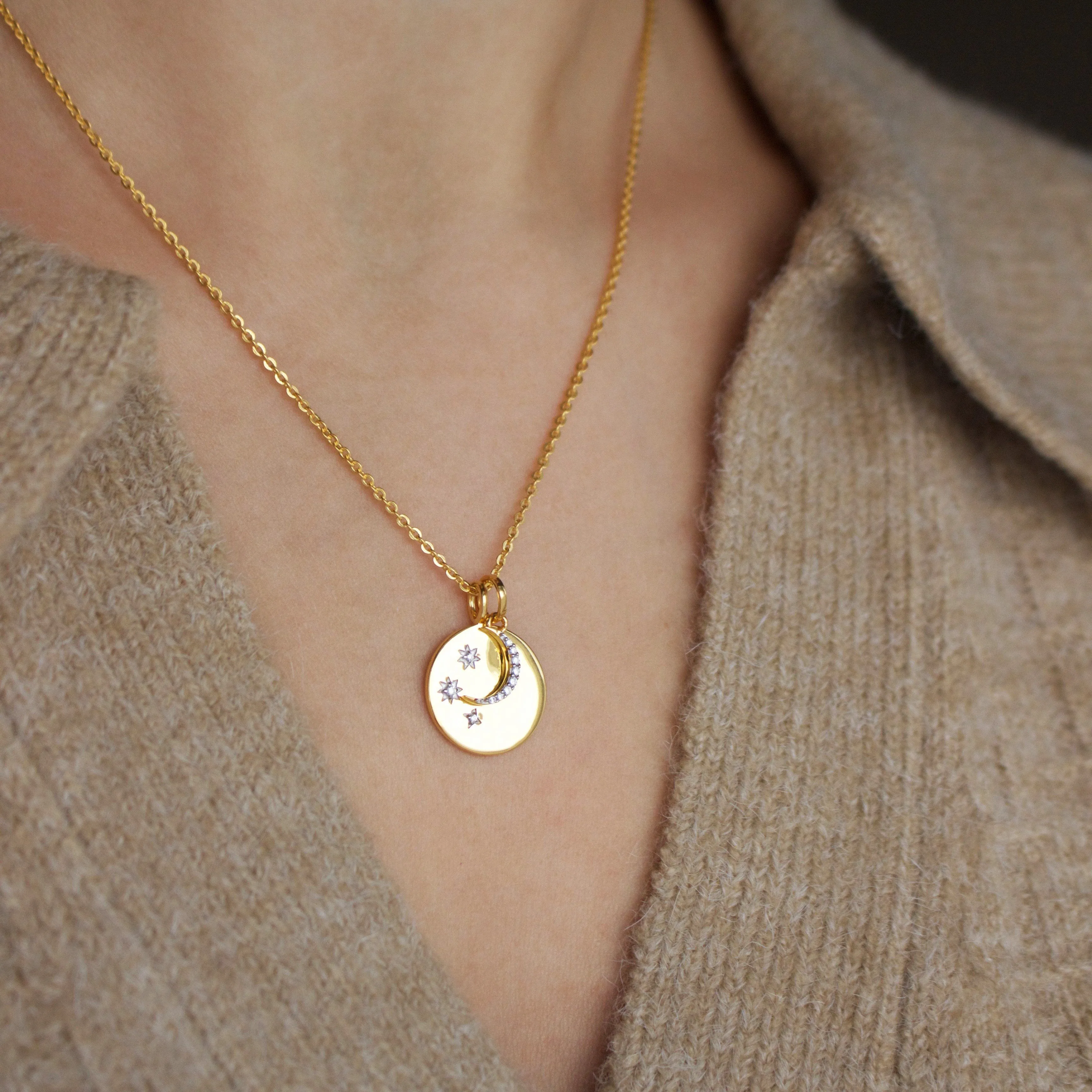 We will look for you in the stars Coin Necklace with Crescent Moon Charm