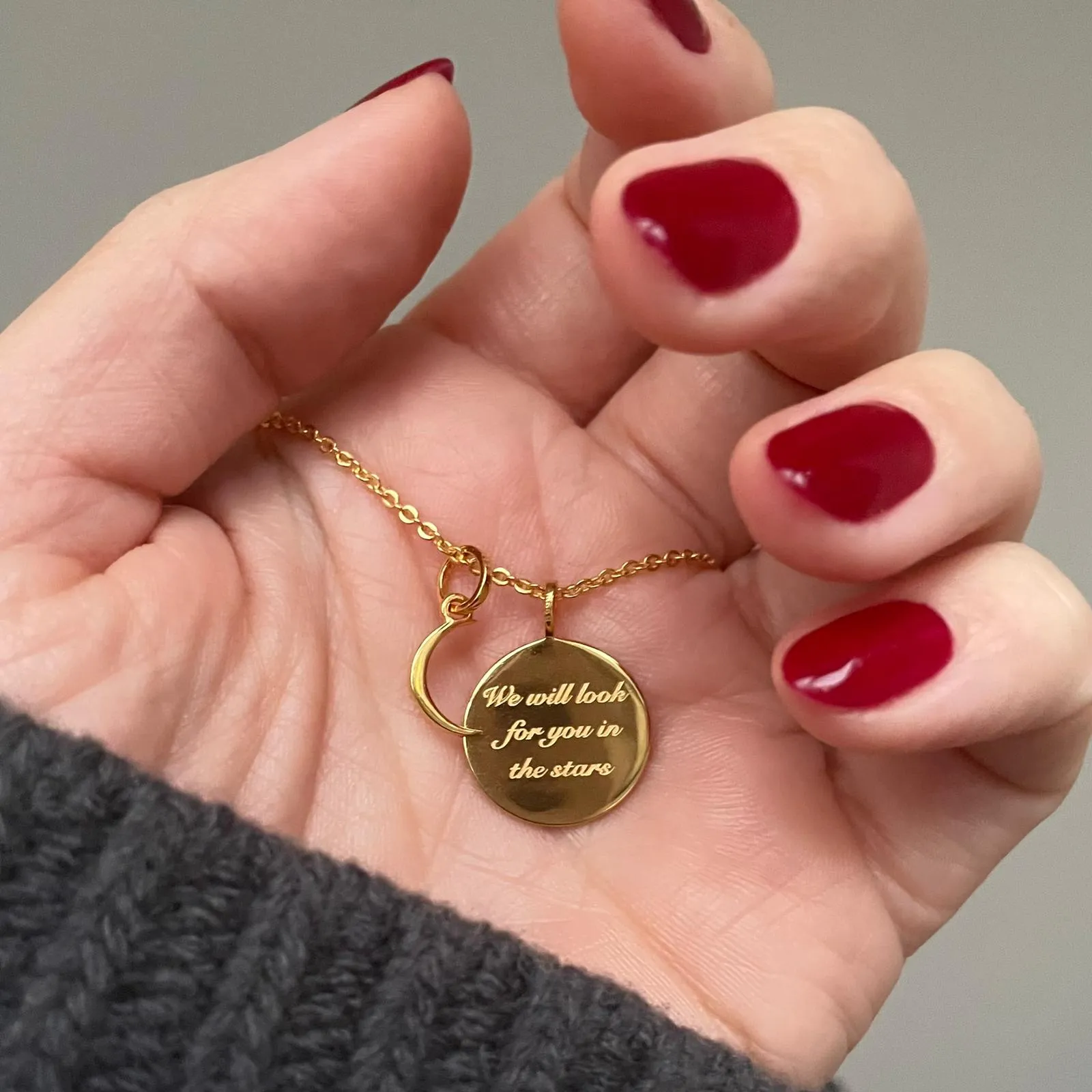 We will look for you in the stars Coin Necklace with Crescent Moon Charm