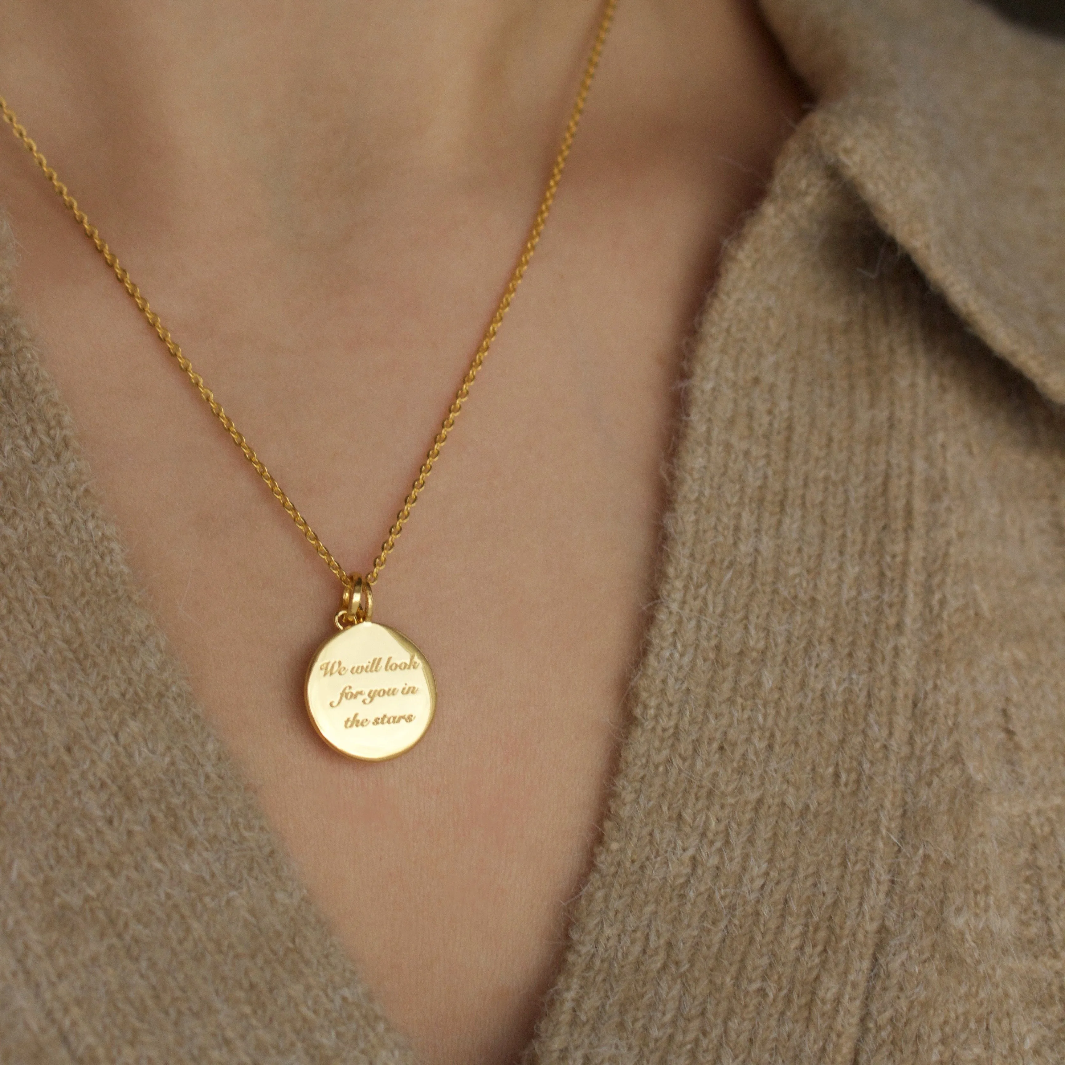 We will look for you in the stars Coin Necklace with Crescent Moon Charm