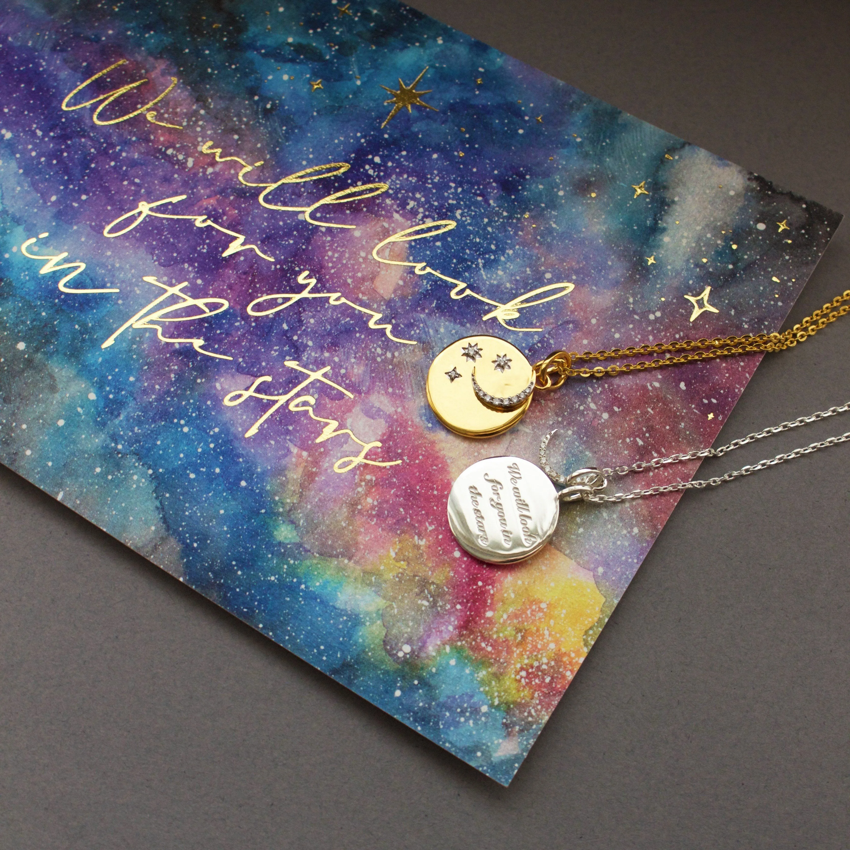 We will look for you in the stars Coin Necklace with Crescent Moon Charm